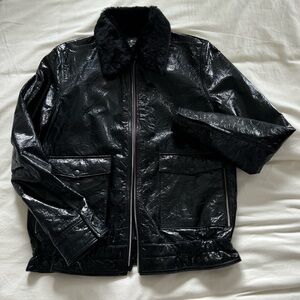 7 FOR ALL MANKIND faux fur trimmed patent leather jacket in Jet Black size M